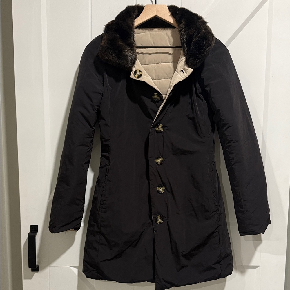 Armani Jeans Reversible Tan Quilted Puffer with Faux Fur Collar - Picture 7 of 8